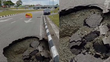 Mendapan Tanah Di Bulatan Kipali Akibatkan Lubang Besar Di Jalan Menuju Ke Matang